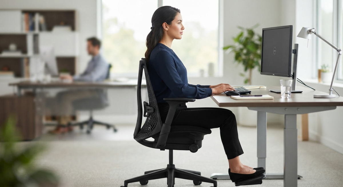 Fotografía clínica de alta calidad que muestra a una persona en una oficina ergonómica, con una vista lateral que resalta la curvatura natural de la columna vertebral y el ajuste correcto de la silla de trabajo.