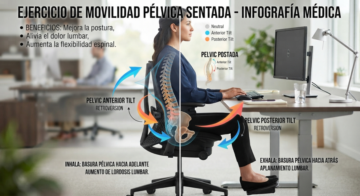 Infografía médica que muestra un ejercicio de movilidad pélvica realizado sentado, con flechas que indican el rango de movimiento de la pelvis y la columna lumbar.