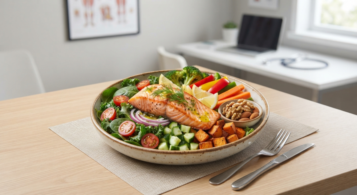 otografía conceptual de alta calidad estilo clínico que muestra un plato de alimentación equilibrada con vegetales frescos, salmón y nueces, con un fondo neutro de consultorio médico, transmitiendo salud y bienestar.