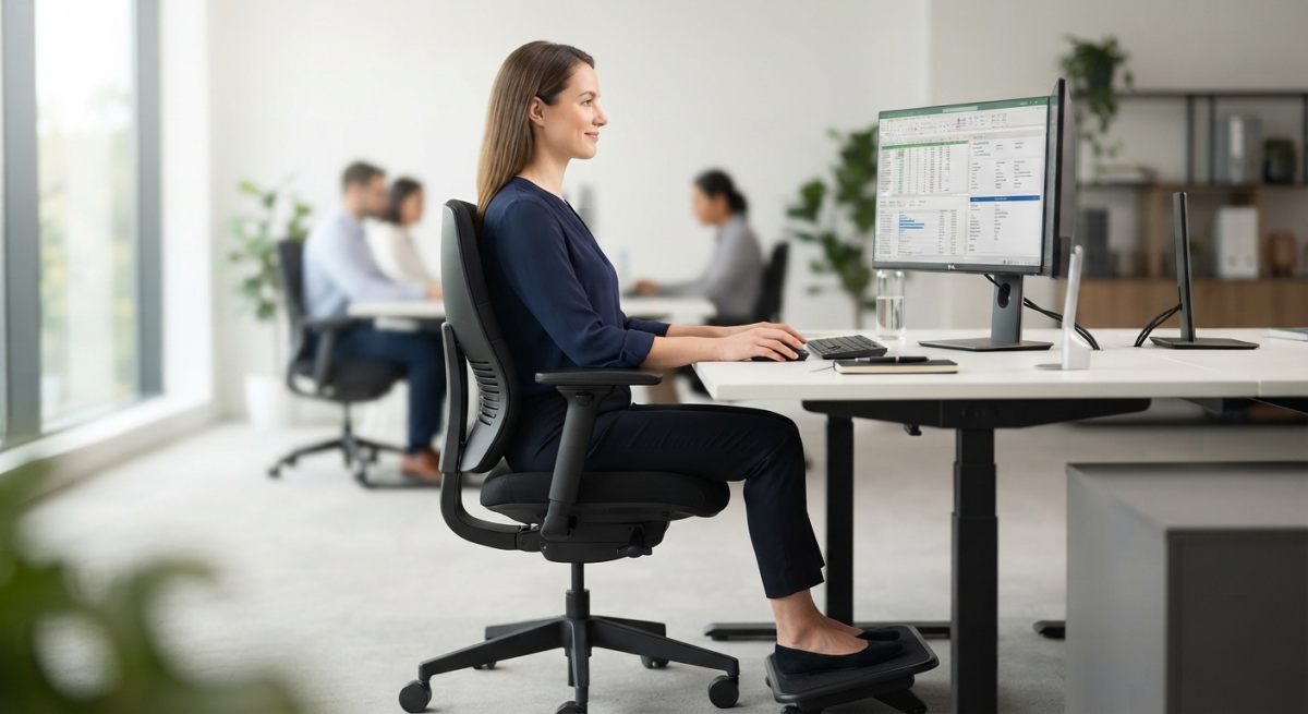 Una fotografía de alta calidad y estilo clínico que muestra a un oficinista sentado en una silla ergonómica de oficina frente a un computador, aplicando una postura correcta con la espalda alineada y la mirada al frente, iluminada con luz natural y profesional.